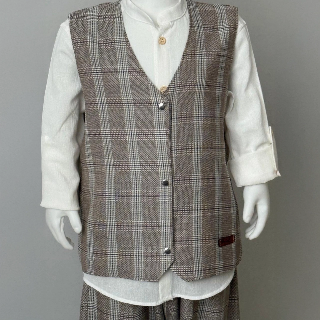 Açık Kahve Ekoseli 2'li Takım Set (2) Açık Kahve Ekoseli 3'lü Takım Set - Görsel 1