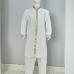 Altın Şeritli Beyaz Uzun Gömlek Beyaz Şalvar 2'li Umre Takımı 1