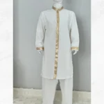 Altın Şeritli Beyaz Uzun Gömlek Beyaz Şalvar 2'li Umre Takımı - Görsel 3