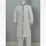 Altın Şeritli Beyaz Uzun Gömlek Beyaz Şalvar 2'li Umre Takımı - Görsel 2