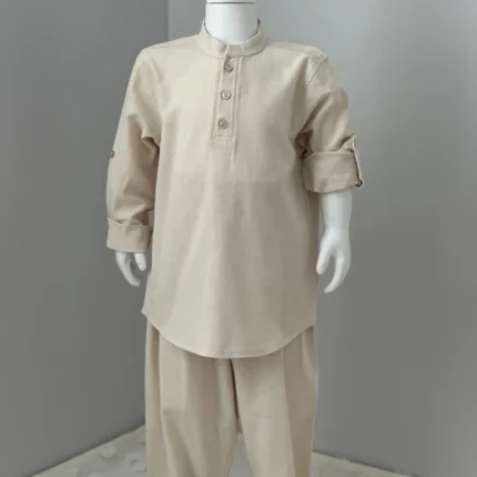 Bej Üst Düğmeli Gömlek Bej Şalvar 2'li Hac Takımı
