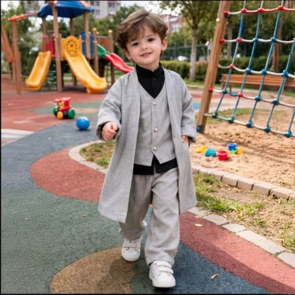 Gri Yelek Şalvar Siyah Gömlek Cübbe 4'lü Takım Seti