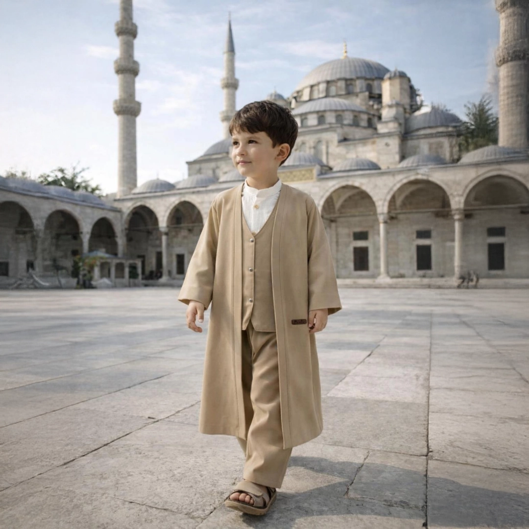 Koyu Bej Yelek Şalvar Gömlek Cübbe 4'lü Takım Seti 3 Koyu Bej Yelek Şalvar Gömlek Cübbe 4'lü Takım Seti 3