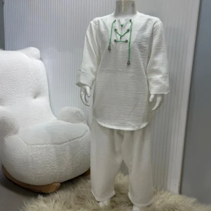 Yeşil İpli Bej Gömlek Bej Şalvar 2'li Hac Takımı