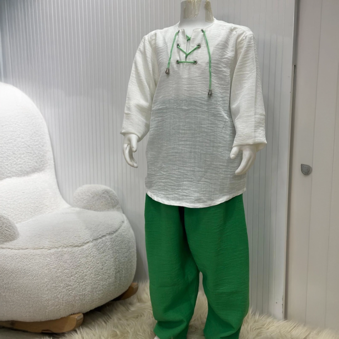 Yeşil İpli Bej Gömlek Yeşil Şalvar 2'li Hac Takımı 1 Yeşil İpli Bej Gömlek Yeşil Şalvar 2'li Hac Takımı